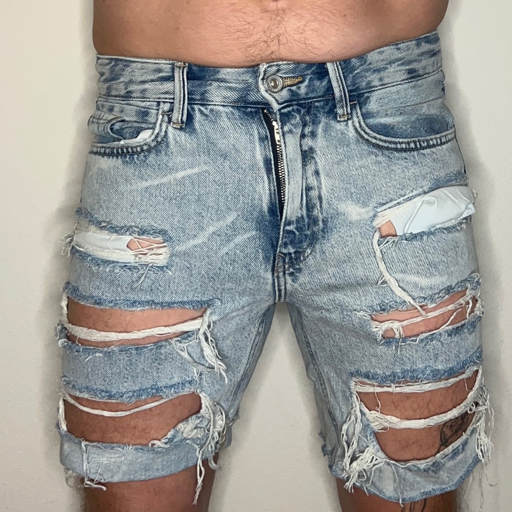 Bershka Light Wash Destroyed Denim Shorts
